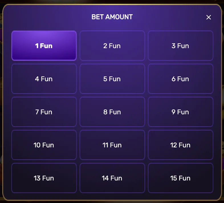 Coin Rush bet amount menu with preset Fun stakes