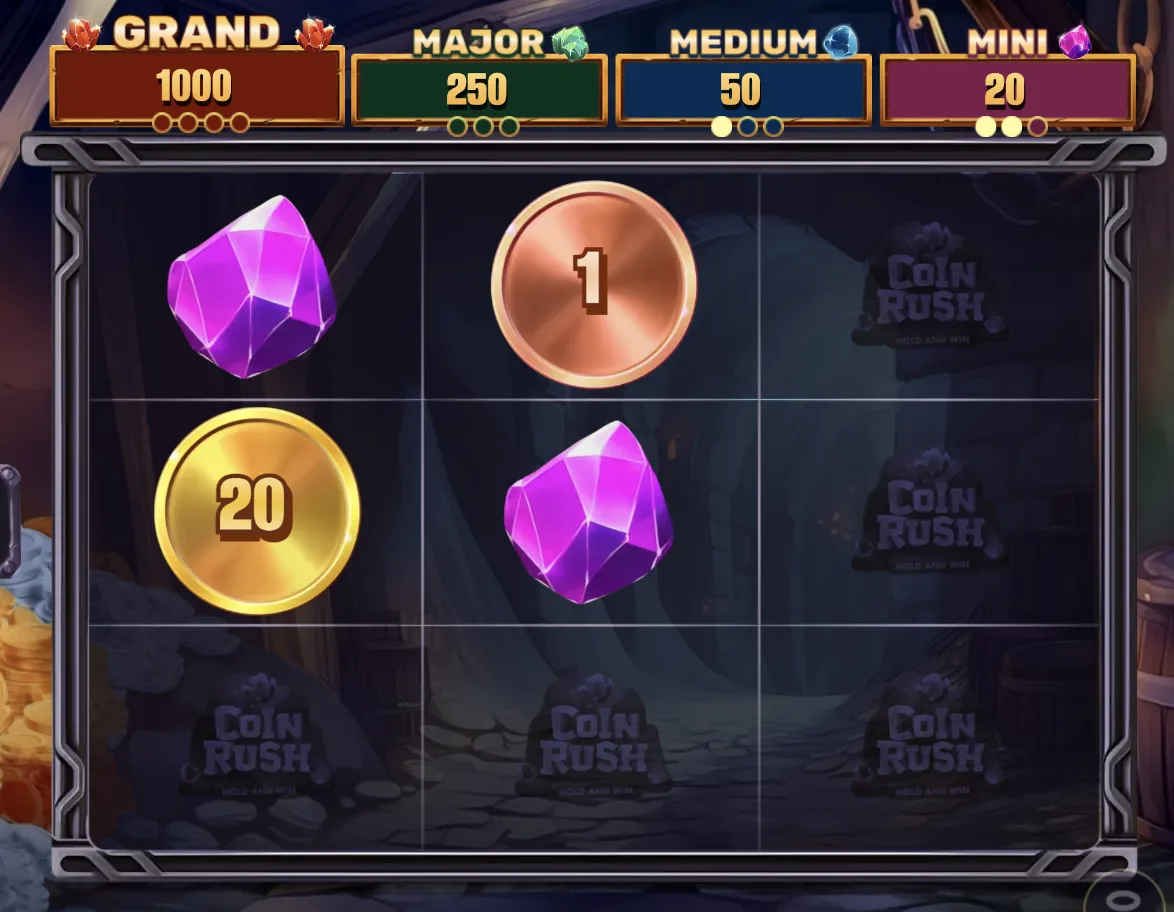 Coin Rush bonus game grid with coin and crystal symbols