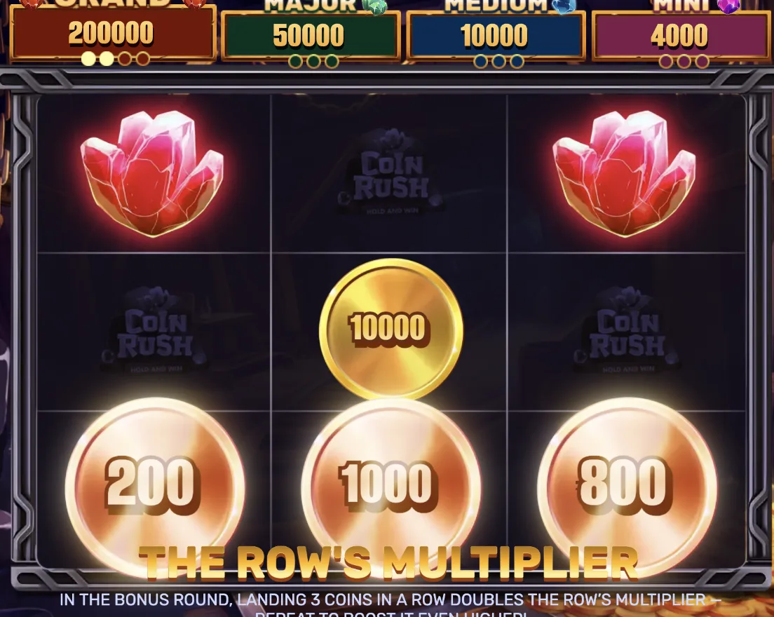 Coin Rush bonus row with coin symbols and multiplier values