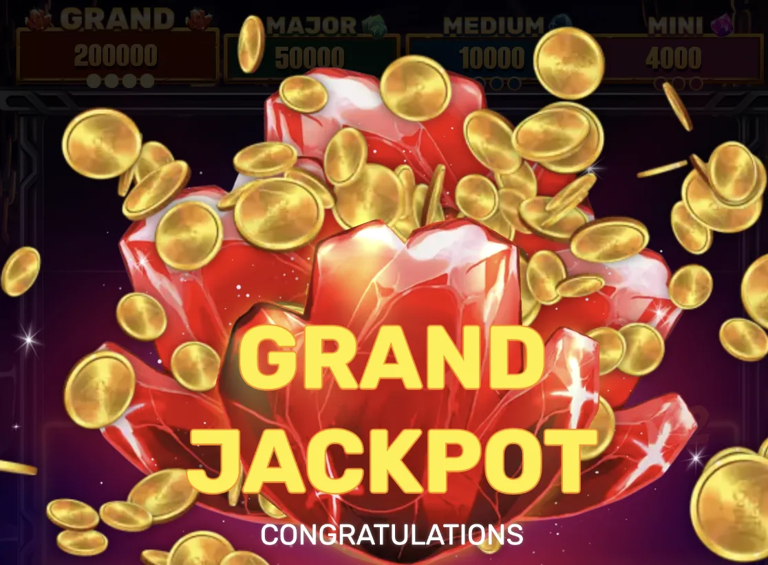 Coin Rush Grand Jackpot win screen with gold crystal and coin effects