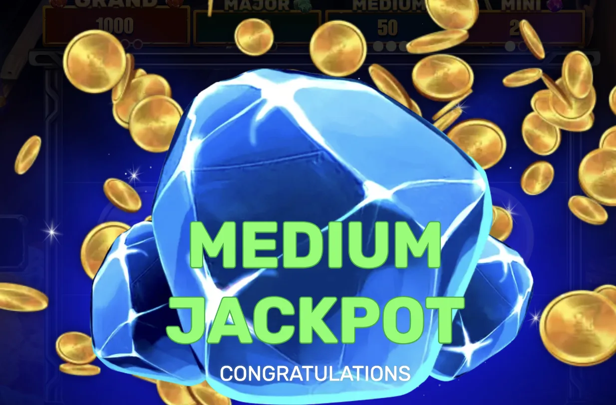 Coin Rush Medium Jackpot win screen with blue crystal and coins