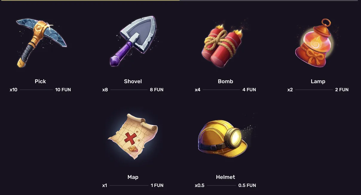 Coin Rush standard symbol payout table with pick, shovel, bomb, lamp, map and helmet