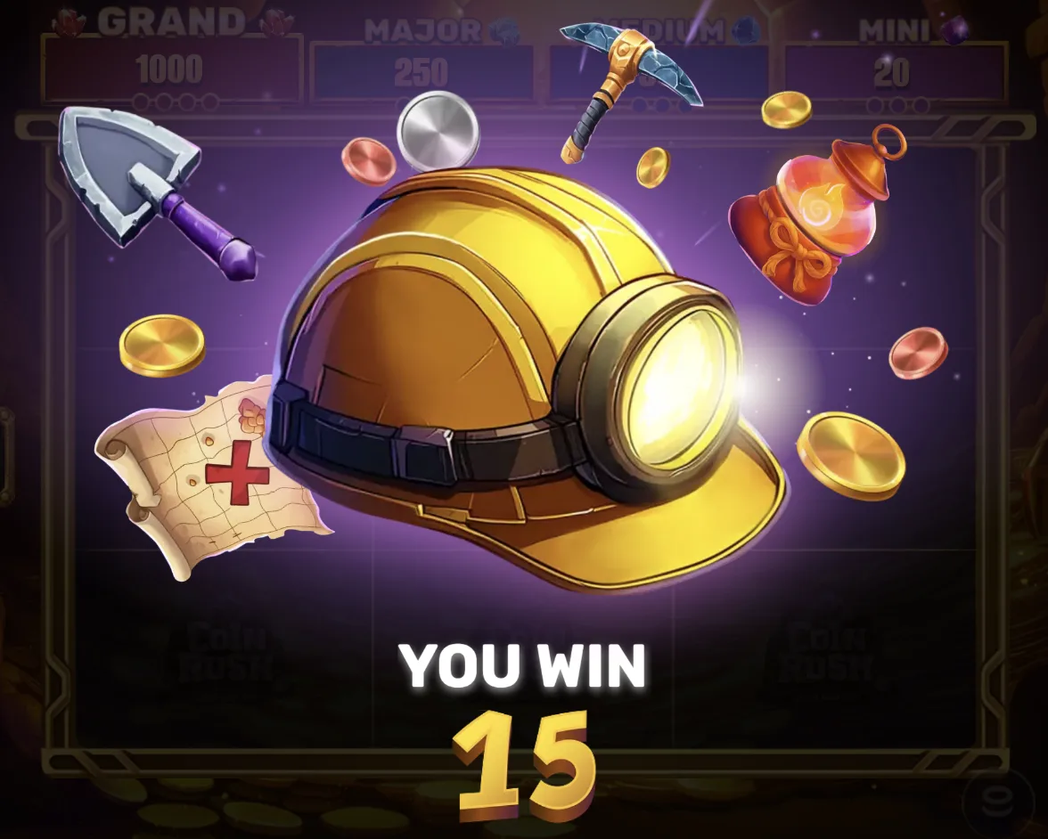 Coin Rush symbol win with helmet, map and pickaxe symbols