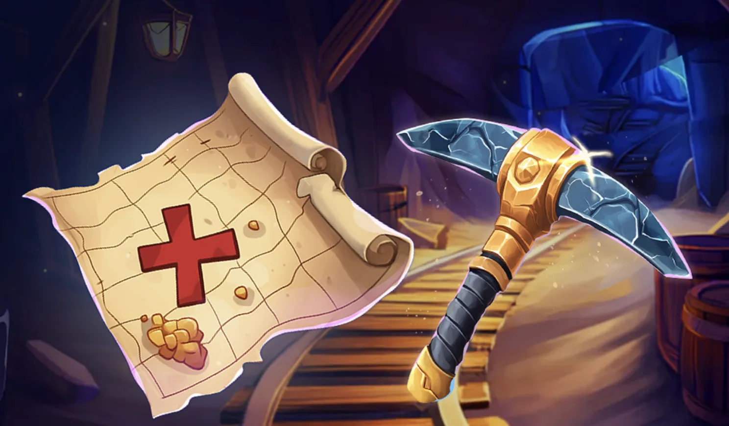 Coin Rush treasure map and pickaxe loading art used by the editorial review team